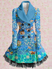 Floral Print Vintage Elegant Lapel V-Neck Button Up Long Sleeve Coat Dress