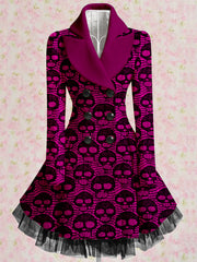 Skull Print Vintage Elegant Lapel V-Neck Button Up Long Sleeve Coat Dress