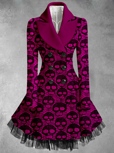 Skull Print Vintage Elegant Lapel V-Neck Button Up Long Sleeve Coat Dress