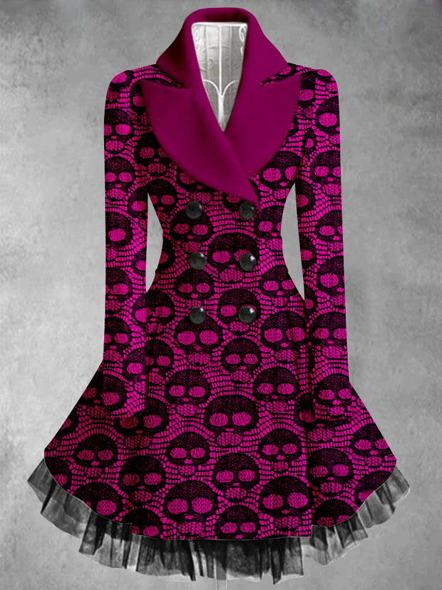 Elegantes Mantelkleid mit Totenkopf-Print und Revers im Vintage-Stil, V-Ausschnitt, Knopfleiste und langen Ärmeln