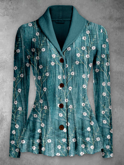 Floral Print Vintage Elegant Lapel V-Neck Button Up Long Sleeve Top