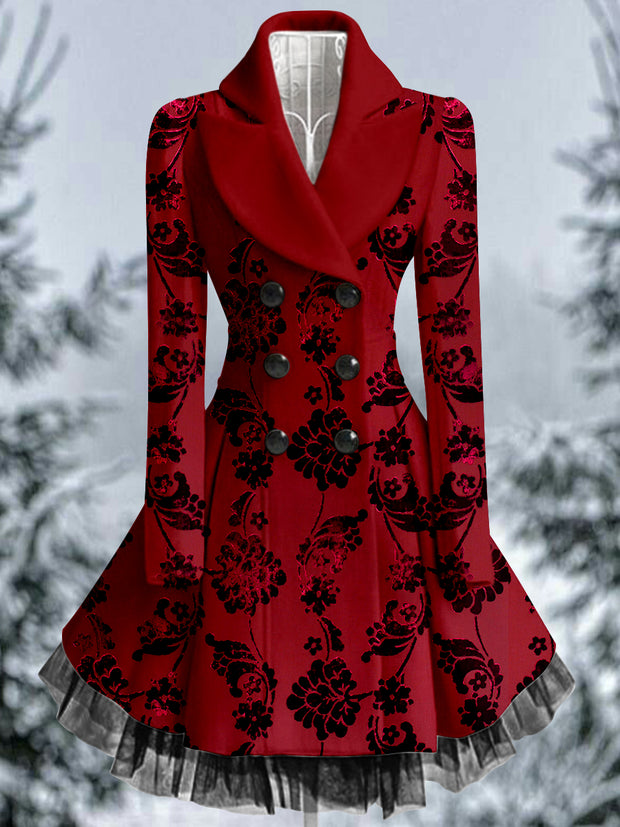 Floral Print Vintage Elegant Lapel V-Neck Button Up Long Sleeve Coat Dress