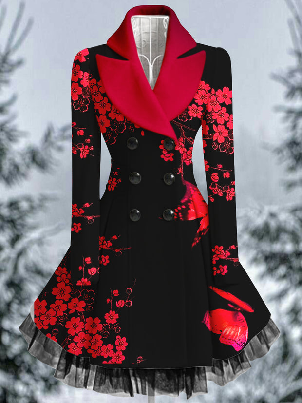 Floral Print Vintage Elegant Lapel V-Neck Button Up Long Sleeve Coat Dress