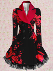 Floral Print Vintage Elegant Lapel V-Neck Button Up Long Sleeve Coat Dress