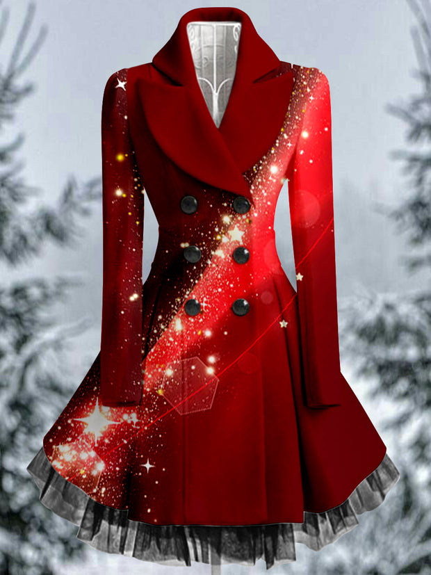 Red Star Aurora Print Vintage Elegant Lapel V-Neck Button Up Long Sleeve Coat Dress