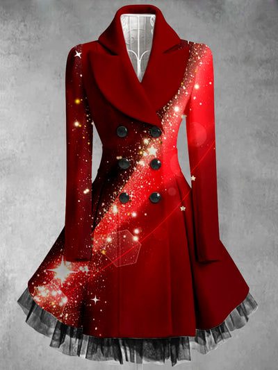 Red Star Aurora Print Vintage Elegant Lapel V-Neck Button Up Long Sleeve Coat Dress