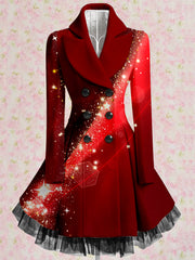 Red Star Aurora Print Vintage Elegant Lapel V-Neck Button Up Long Sleeve Coat Dress