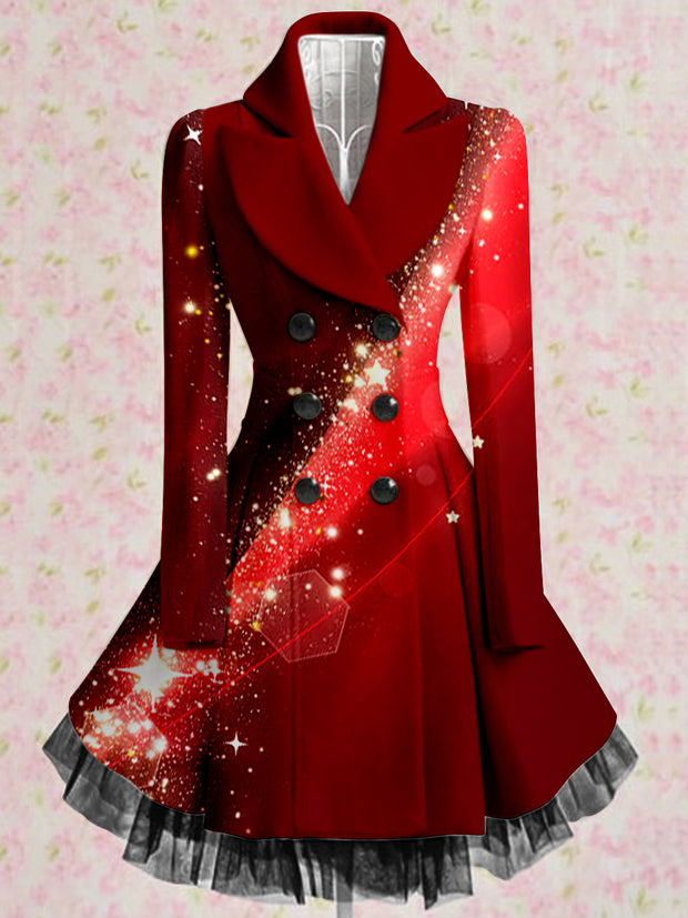 Red Star Aurora Print Vintage Elegant Lapel V-Neck Button Up Long Sleeve Coat Dress