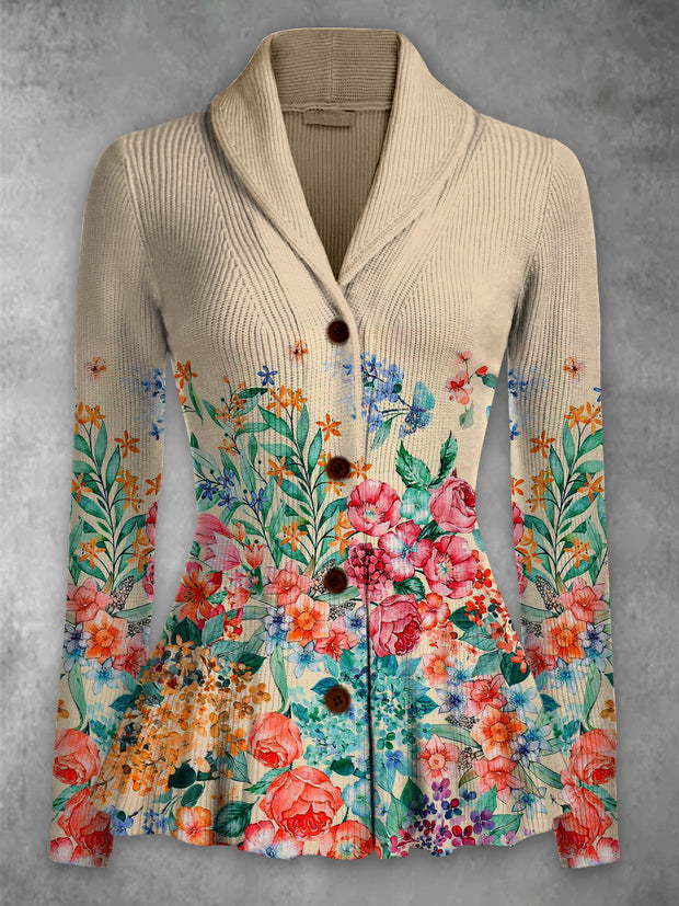 Floral Print Vintage Elegant Lapel V-Neck Button Up Long Sleeve Top