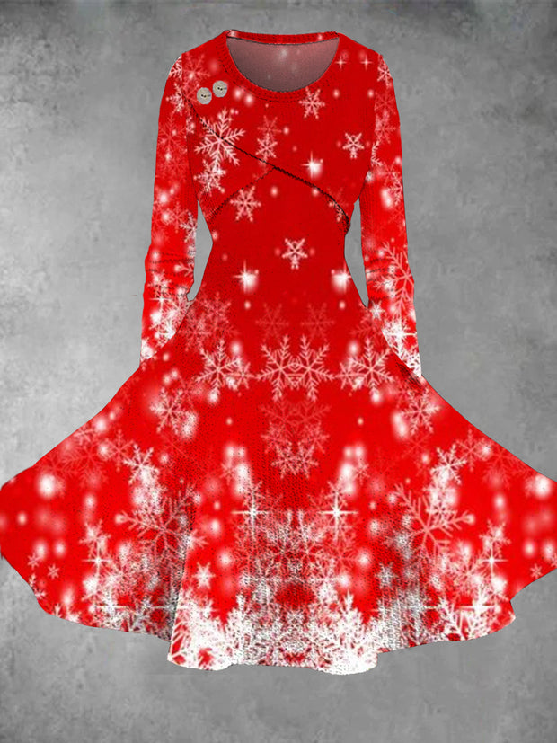 Christmas Snowflake Print Vintage Elegant Irregular Knitted Fake Two Piece Midi Dress