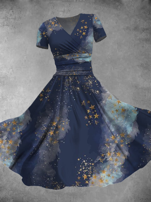 Women's Fashion Elegant Artistic Starry Sky Printed V-Neck Short Sleeve Midi Dress