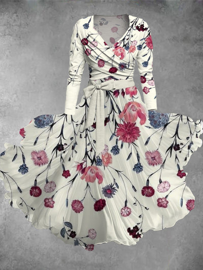 Floral Print V-Neck Long Sleeve Two Piece Vintage Midi Dress