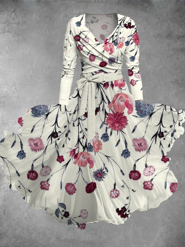 Floral Print V-Neck Long Sleeve Two Piece Vintage Midi Dress