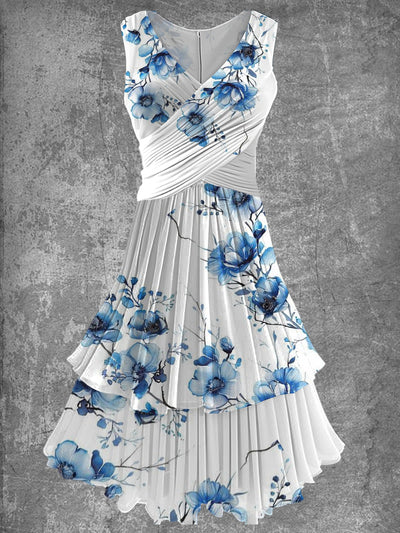 Women's Fashion Elegant Artistic Floral Print Sleeveless V-Neck Midi Dress