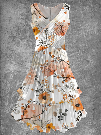 Women's Fashion Elegant Artistic Floral Print Sleeveless V-Neck Midi Dress