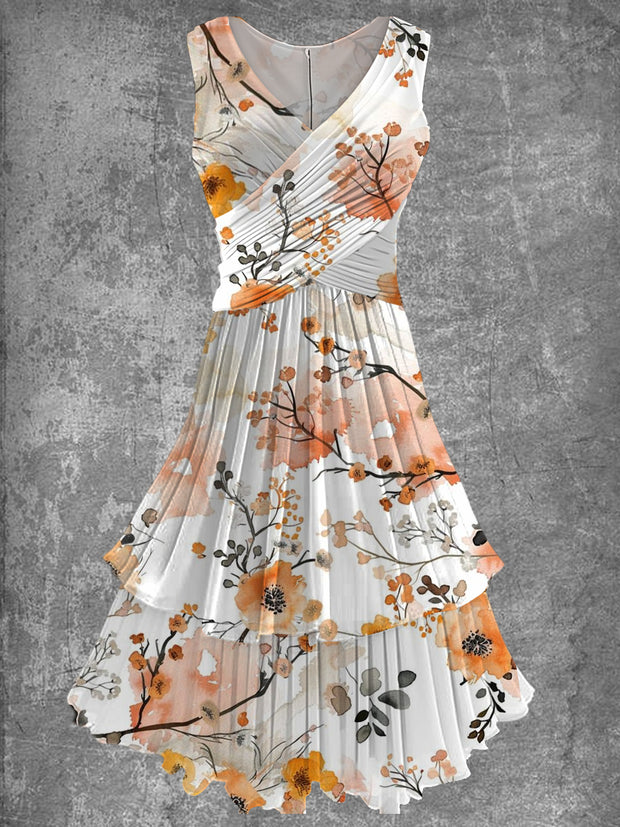 Women's Fashion Elegant Artistic Floral Print Sleeveless V-Neck Midi Dress