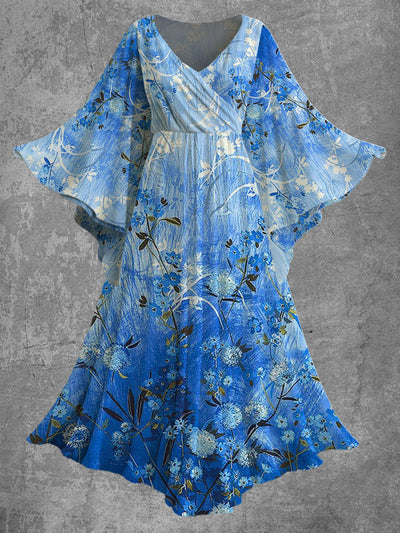 Floral Print V-Neck Vintage Elegant Bat Sleeve Flowy Maxi Dress