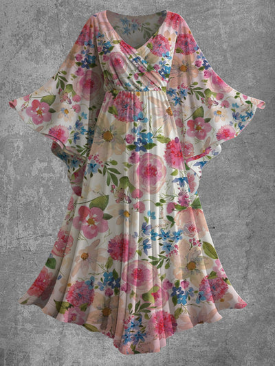 Floral Print V-Neck Vintage Elegant Bat Sleeve Flowy Maxi Dress