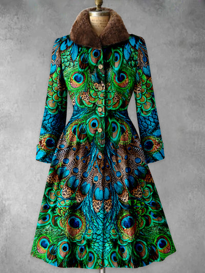 Peacock Feather Print Vintage Button Up Long Sleeve Midi Dress