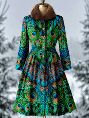 Peacock Feather Print Vintage Button Up Long Sleeve Midi Dress