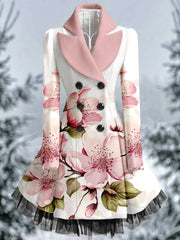 Floral Print Vintage Elegant Lapel V-Neck Button Up Long Sleeve Coat Dress