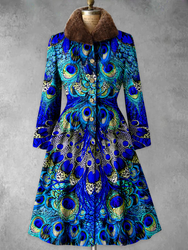 Peacock Feather Print Vintage Button Up Long Sleeve Midi Dress