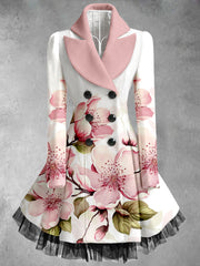 Floral Print Vintage Elegant Lapel V-Neck Button Up Long Sleeve Coat Dress