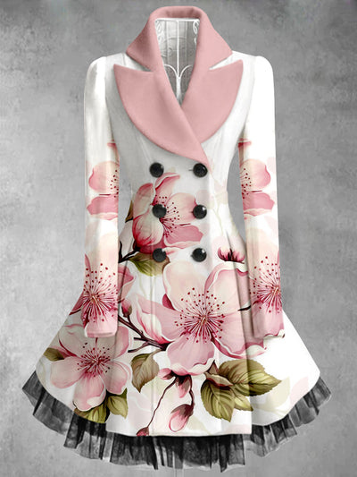 Floral Print Vintage Elegant Lapel V-Neck Button Up Long Sleeve Coat Dress