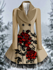 Floral Print Vintage Elegant Lapel V-Neck Button Up Long Sleeve Coat Dress