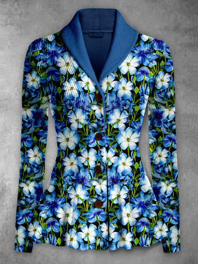 Retro Floral Art Printed Elegant Lapel V-Neck Button Up Thick Knit Long-Sleeved Cardigan Top