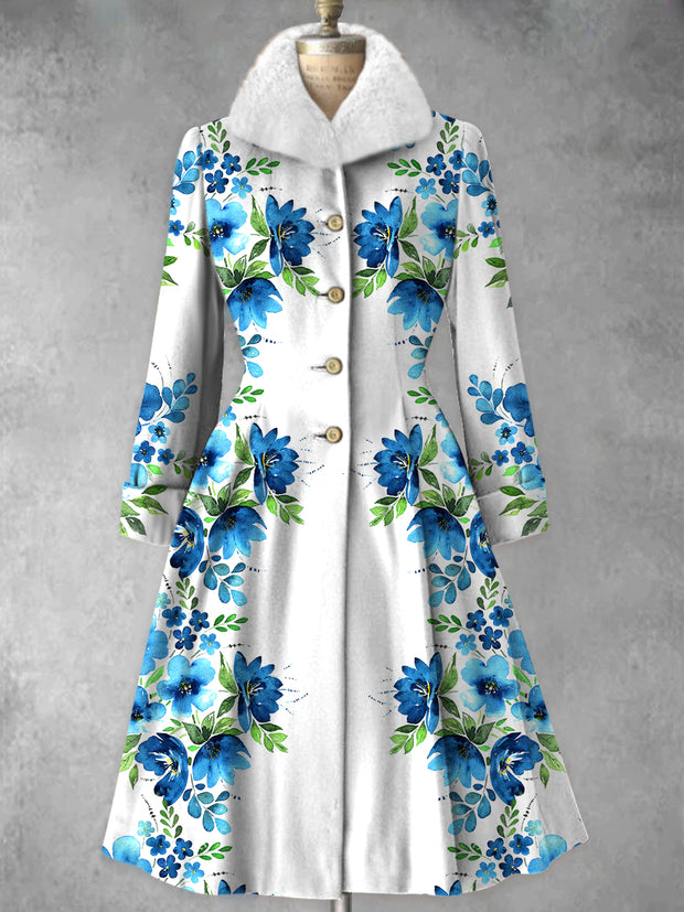 Floral Print Vintage Fur Collar Button Up Long Sleeve Midi Dress