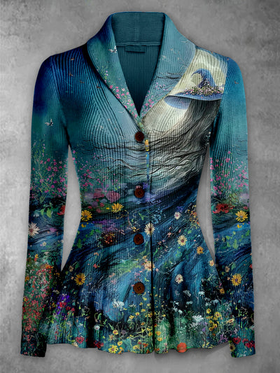 Retro Witch Art Printed Elegant Lapel V-Neck Button Up Thick Knit Long-Sleeved Cardigan Top