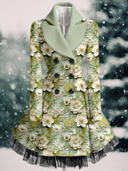 Floral Print Vintage Elegant Lapel V-Neck Button Up Long Sleeve Coat Dress