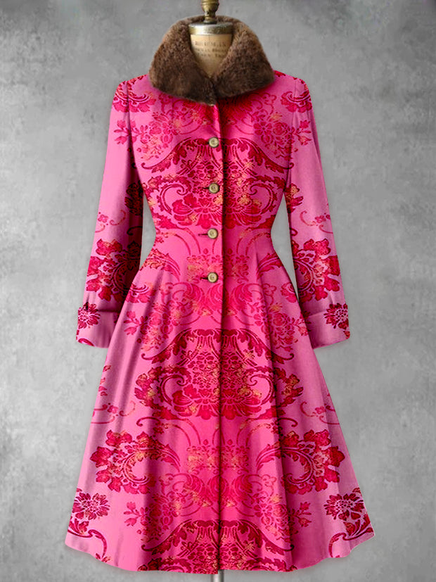 Floral Print Vintage Fur Collar Button Up Long Sleeve Midi Dress