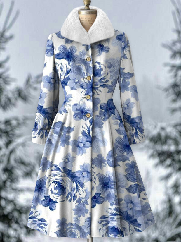 Floral Print Vintage Fur Collar Button Up Long Sleeve Midi Dress