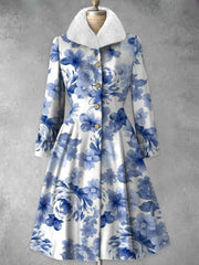 Floral Print Vintage Fur Collar Button Up Long Sleeve Midi Dress