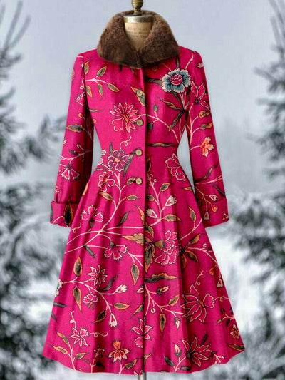 Floral Print Vintage Fur Collar Button Up Long Sleeve Midi Dress