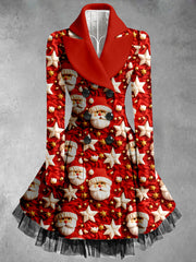 Santa Claus Print Vintage Elegant Lapel V-Neck Button Up Long Sleeve Coat Dress