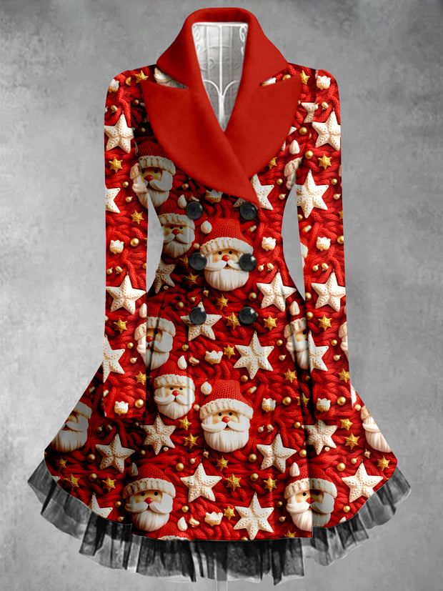 Santa Claus Print Vintage Elegant Lapel V-Neck Button Up Long Sleeve Coat Dress