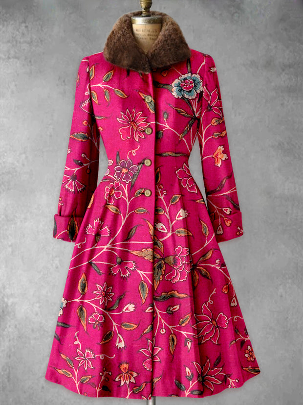 Floral Print Vintage Fur Collar Button Up Long Sleeve Midi Dress