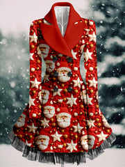 Santa Claus Print Vintage Elegant Lapel V-Neck Button Up Long Sleeve Coat Dress