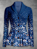 Retro Floral Art Printed Elegant Lapel V-Neck Button Up Thick Knit Long-Sleeved Cardigan Top