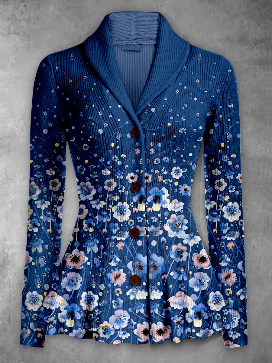 Retro Floral Art Printed Elegant Lapel V-Neck Button Up Thick Knit Long-Sleeved Cardigan Top