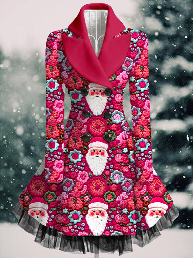 Santa Claus Print Vintage Elegant Lapel V-Neck Button Up Long Sleeve Coat Dress