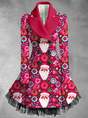 Santa Claus Print Vintage Elegant Lapel V-Neck Button Up Long Sleeve Coat Dress