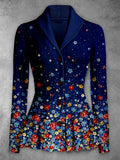 Retro Floral Art Printed Elegant Lapel V-Neck Button Up Thick Knit Long-Sleeved Cardigan Top