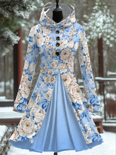 Women Fashion Elegant Art Floral Print Button Hooded Fake Two Piece Coat Long Sleeve Mini Dress