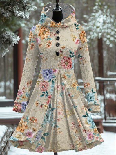 Women Fashion Elegant Art Floral Print Button Hooded Fake Two Piece Coat Long Sleeve Mini Dress