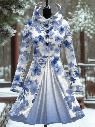 Women Fashion Elegant Art Floral Print Button Hooded Fake Two Piece Coat Long Sleeve Mini Dress