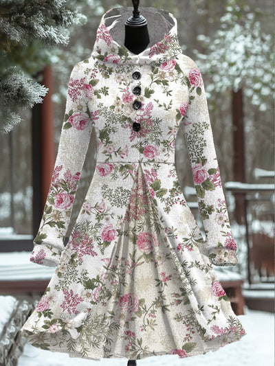 Women Fashion Elegant Art Floral Print Button Hooded Fake Two Piece Coat Long Sleeve Mini Dress